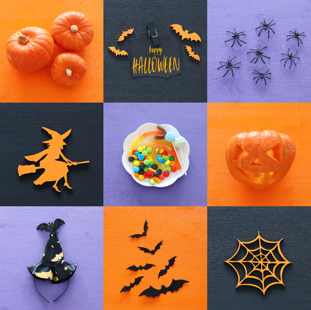 Halloween holiday collage top view. Pumpkins, spiders, witch, bats, treatsの写真素材