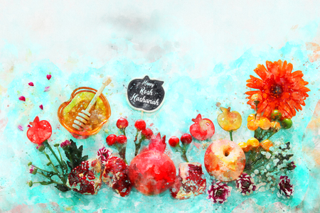 watercolor style and abstract image of Rosh hashanah (jewish New Year holiday) concept. Traditional symbolsの写真素材