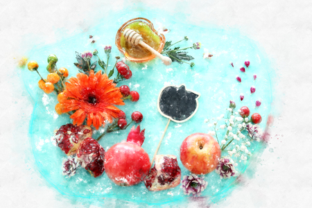watercolor style and abstract image of Rosh hashanah (jewish New Year holiday) concept. Traditional symbolsの写真素材