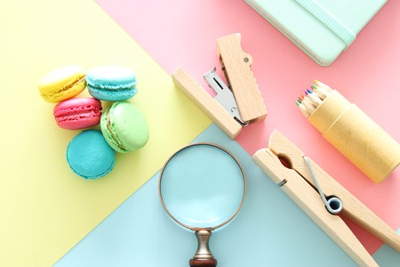 chool or office supplies, back to school over pastel background template