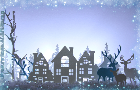 Magical Christmas paper cut winter background landscape with houses, trees, deer and snow in front of white lights backgroundの写真素材