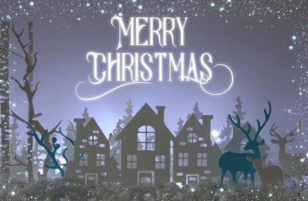 Magical Christmas paper cut winter background landscape with houses, trees, deer and snow in front of white lights backgroundの写真素材