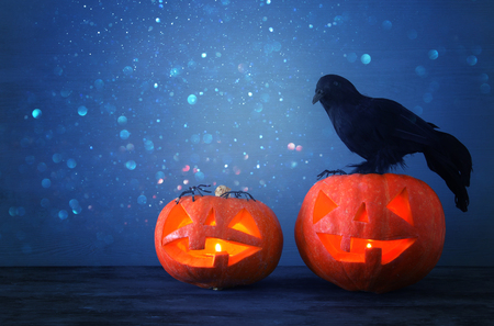 Halloween holiday concept. Pumpkins and bat on wooden tableの写真素材