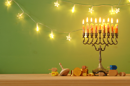 image of jewish holiday Hanukkah background with menorah (traditional candelabra)の写真素材