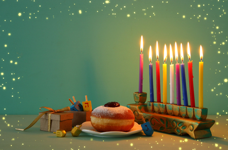 Image of Jewish holiday Hanukkah background with menorah (traditional candelabra)の写真素材