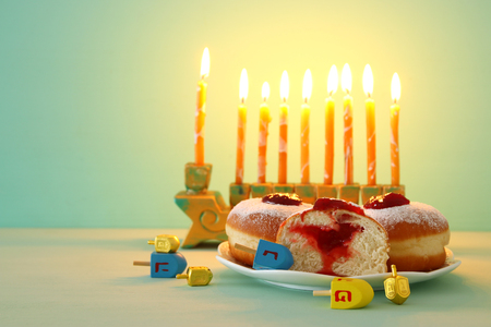 Image of Jewish holiday Hanukkah background with menorah (traditional candelabra)の写真素材