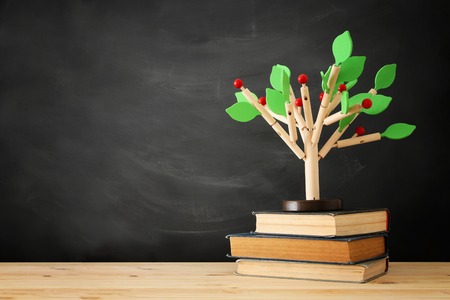 Open book and wooden tree puzzle over blackboard background. Education and knowledge conceptの写真素材