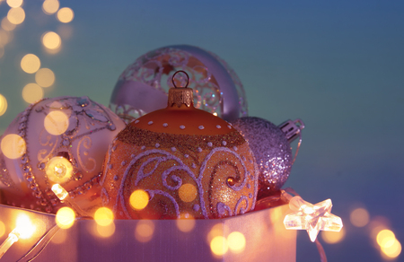 Image of christmas festive tree gold, purple and violet balls decorationの写真素材