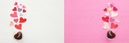 Valentine's day concept. Paper hearts over wooden white and pink background. Flat layの写真素材