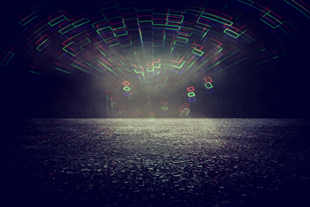 Futuristic background of the 80's retro style. Digital or Cyber Surface. Neon lights and geometric pattern, test screen glitchの写真素材