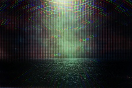 Futuristic background of the 80's retro style. Digital or Cyber Surface. Neon lights and geometric pattern, test screen glitchの写真素材