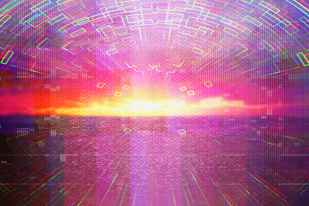 Futuristic background of the 80's retro style. Digital or Cyber Surface. Neon lights and geometric pattern, test screen glitchの写真素材