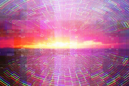 Futuristic background of the 80's retro style. Digital or Cyber Surface. Neon lights and geometric pattern, test screen glitchの写真素材