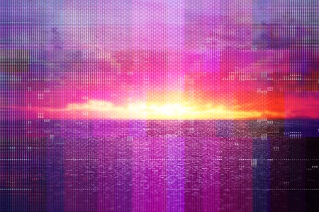 Futuristic background of the 80's retro style. Digital or Cyber Surface. Neon lights and geometric pattern, test screen glitchの写真素材