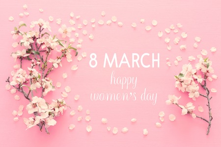 International women day concept. Cherry tree and date text. Top view imageの写真素材