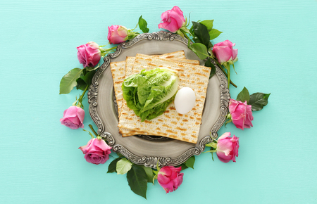 Pesah celebration concept (Jewish Passover holiday). Top view, Flat lay