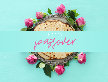 Pesah celebration concept (Jewish Passover holiday). Top view, Flat layの写真素材