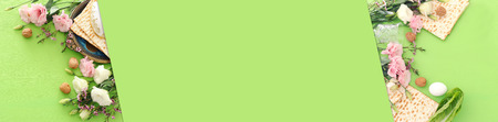 Pesah celebration concept (jewish Passover holiday) over green background. top view flat lay