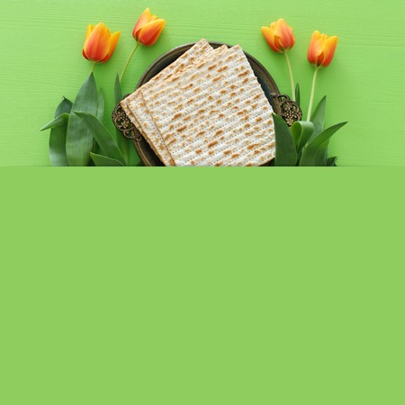 Pesah celebration concept (Jewish Passover holiday). Top view, flat lay