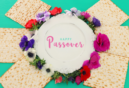 Pesah celebration concept (Jewish Passover holiday). Top view, Flat layの写真素材