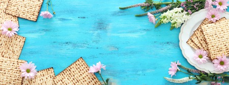 Pesah celebration concept (Jewish Passover holiday). Top view, flat lay