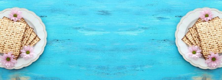 Pesah celebration concept (Jewish Passover holiday). Top view, flat layの写真素材