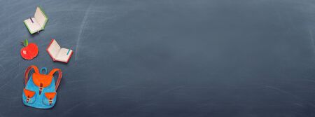 education and back to school concept. shapes cut from paper and painted of backpack, books and apple over classroom blackboard. top view, flat layの写真素材