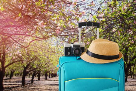 Recreation image of traveler luggage, camera and fedora hat in front of a rural landscape. Holiday and vacation conceptの写真素材