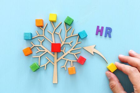 Business image of wooden tree with colorful cubes over blue table, human resources and management conceptの写真素材