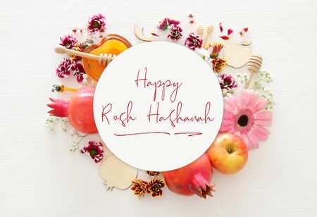 religion image of Rosh hashanah (jewish New Year holiday) concept. Traditional symbolsの写真素材