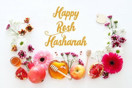 Religion image of Rosh hashanah (Jewish New Year holiday) concept. Traditional symbolsの写真素材