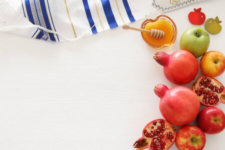 Religion image of Rosh hashanah (Jewish New Year holiday) concept. Traditional symbolsの写真素材