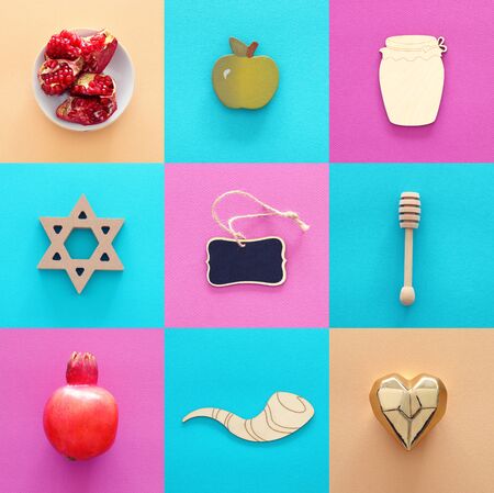 Rosh hashanah (jewish New Year holiday) collage concept. Traditional symbolsの写真素材