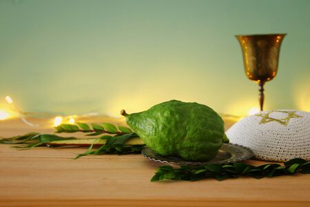 Jewish festival of Sukkot. Traditional symbols (The four species): Etrog, lulav, hadas, arava