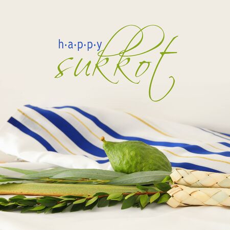 Jewish festival of Sukkot. Traditional symbols (The four species): Etrog, lulav, hadas, aravaの写真素材