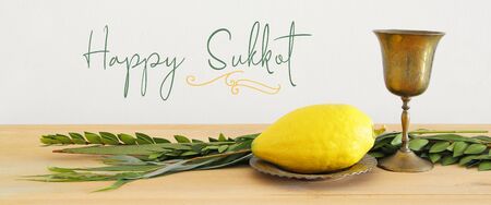 Jewish festival of Sukkot. Traditional symbols (The four species): Etrog, lulav, hadas, aravaの写真素材