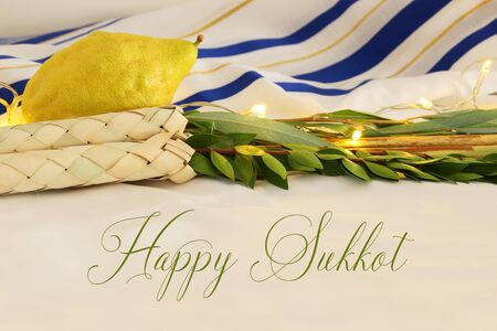 Jewish festival of Sukkot. Traditional symbols (The four species): Etrog, lulav, hadas, aravaの写真素材