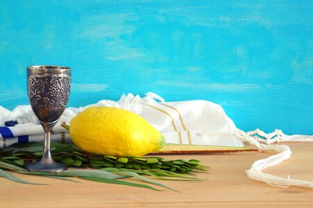 Jewish festival of Sukkot. Traditional symbols (The four species): Etrog, lulav, hadas, aravaの写真素材