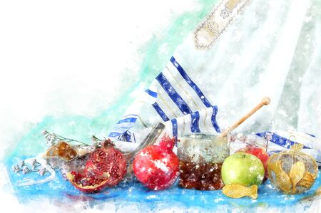 watercolor style and abstract image of Rosh hashanah (jewish New Year holiday) concept. Traditional symbolsの写真素材