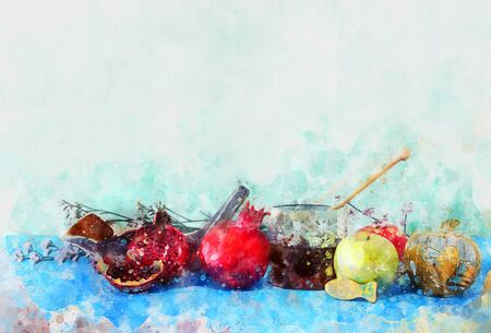 watercolor style and abstract image of Rosh hashanah (jewish New Year holiday) concept. Traditional symbolsの写真素材