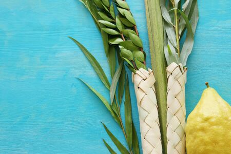 religion image of Jewish festival of Sukkot. Traditional symbols (The four species): Etrog, lulav,...