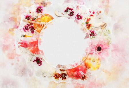 watercolor style and abstract image of Rosh hashanah (jewish New Year holiday) concept. Traditional symbolsの写真素材
