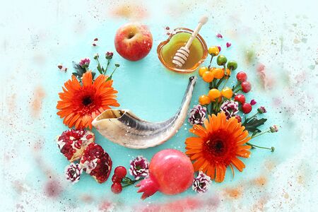 watercolor style and abstract image of Rosh hashanah (jewish New Year holiday) concept. Traditional symbolsの写真素材