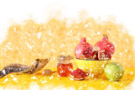 watercolor style and abstract image of Rosh hashanah (jewish New Year holiday) concept. Traditional symbolsの写真素材