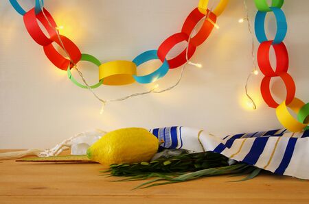 Jewish festival of Sukkot. Traditional symbols (The four species): Etrog, lulav, hadas, aravaの写真素材