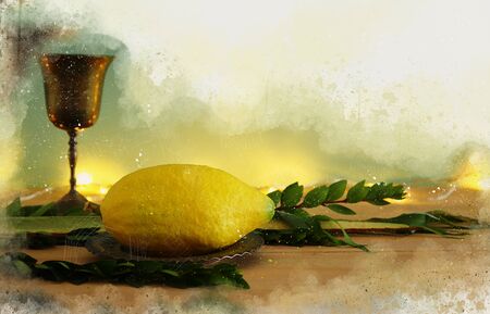 Jewish festival of Sukkot. Traditional symbols (The four species): Etrog, lulav, hadas, aravaの写真素材