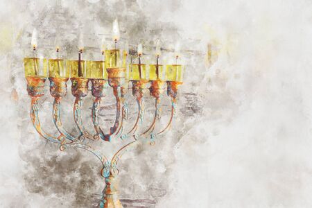 watercolor style and abstract image of jewish holiday Hanukkah with menorah (traditional candelabra)の写真素材