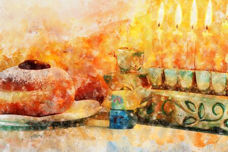 watercolor style and abstract image of jewish holiday Hanukkah with menorah (traditional candelabra)の写真素材