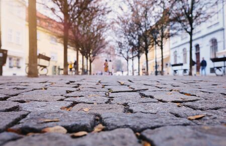 low angle of paving stone vintage road cover with old houses, antique streetの写真素材