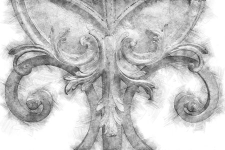 black and white pencil sketch style and abstract illustration of vintage ornament elements, antique floral designsの写真素材